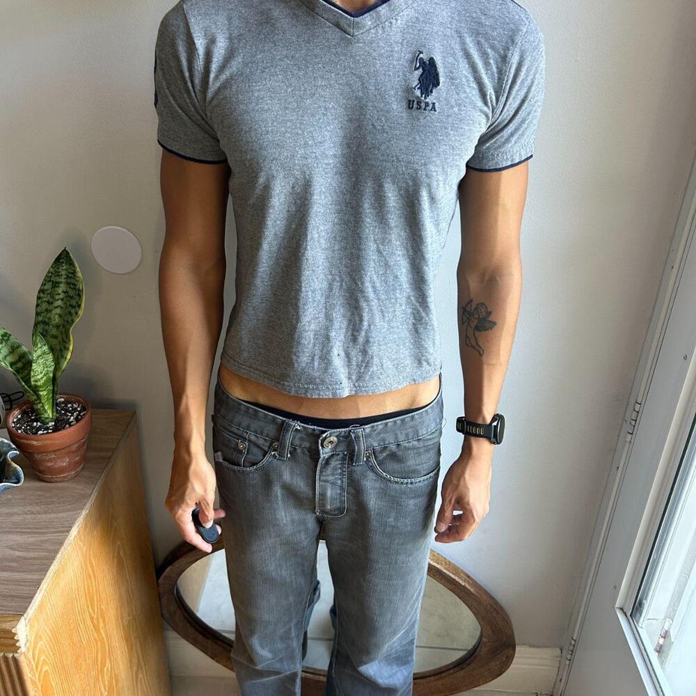 US Polo Assn V Neck T Shirt Mens XS Heather Gray Embroidered Pony Double Layer